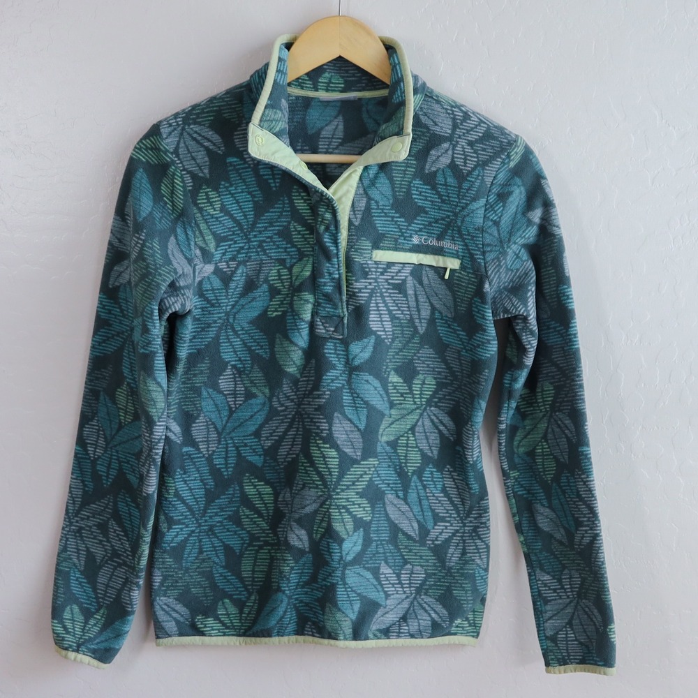 Columbia Fleece Pullover Womens XS Teal Green Tropical‎ Leaf Print Snap Neck Top
